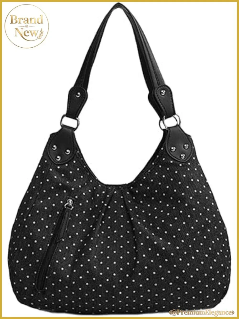Polka Dot Slouchy Hobo Shoulder Bag, Studded Tote with Front Zipper, Y2K Retro